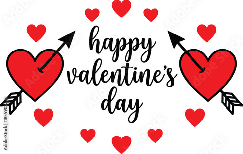 Happy Valentine's Day handwritten calligraphy text with cupid arrows piercing red hearts vector illustration