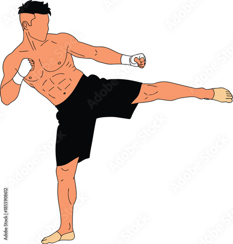 Martial Artist Performing Side Kick – Shirtless Fighter in Black Shorts with Wrist and Foot Wraps