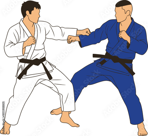 Martial Arts Sparring – Black Belt Fighters in White and Blue Gi Practicing Combat Technique
