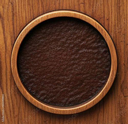 Overhead View of Round Wooden Tray with Dark Textured Center on Wood Background