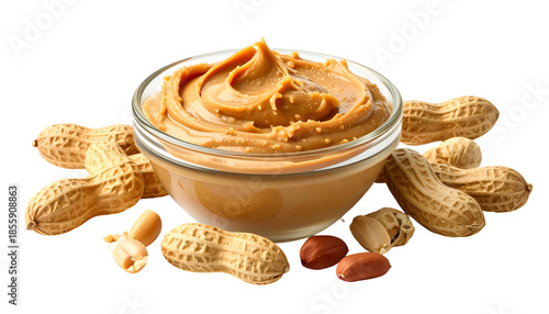Creamy, smooth peanut butter in a glass bowl, surrounded by peanuts in their shells