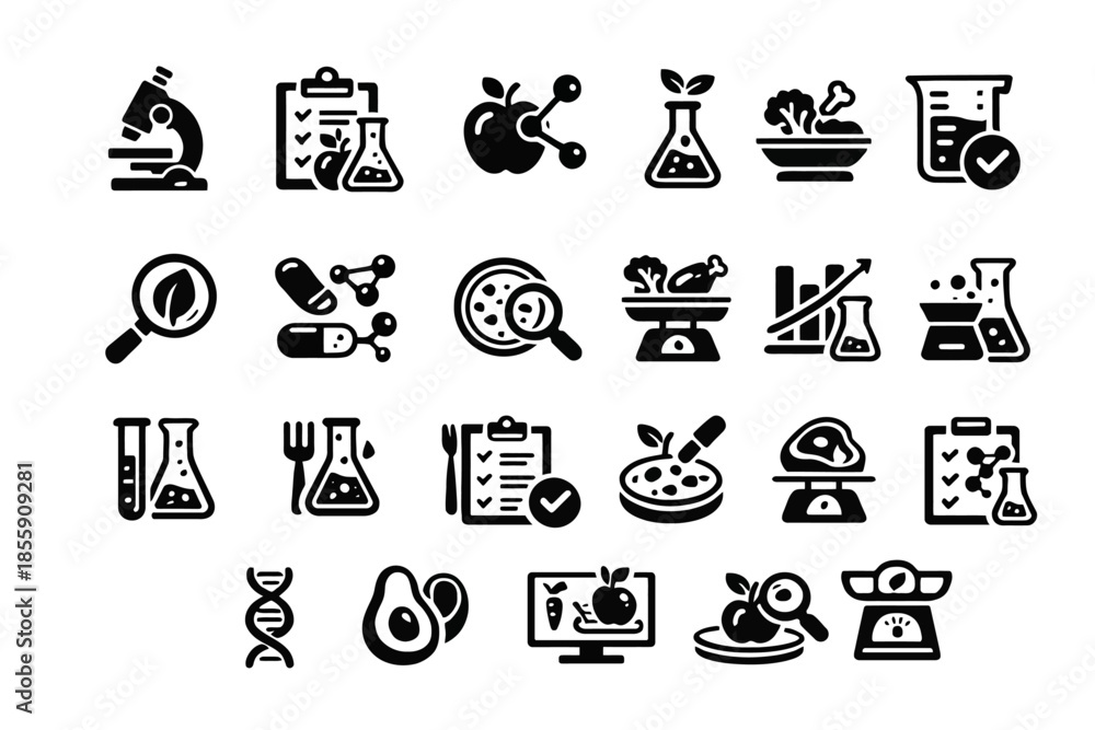 Fototapeta premium Collection of icons illustrating science and nutrition with lab equipment and healthy foods