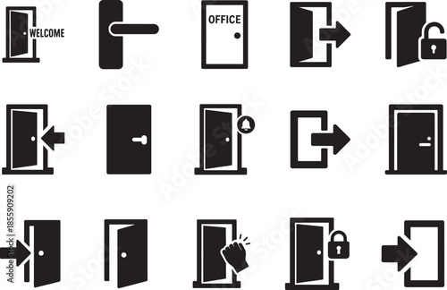Solid door icon set with enter, exit, doorbell, knock, open, closed, home, pull and push symbols.