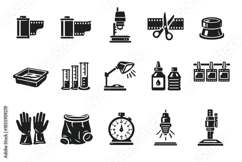 Icon set of photographic development equipment and tools in black and white