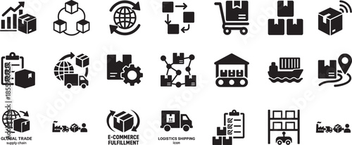Editable flat icon set for supply chain, logistics, shipping and ecommerce fulfillment, delivery and trade.