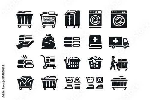 Laundry and shopping icons set: baskets, washing machines, carts, and more