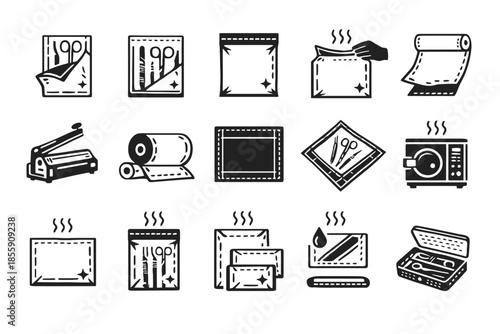 Sterilization icons set: tools, pouches, equipment, methods, safety guidelines