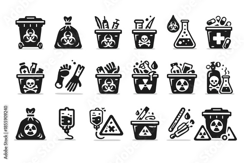 Biohazard waste icons: medical lab equipment and hazardous material symbols
