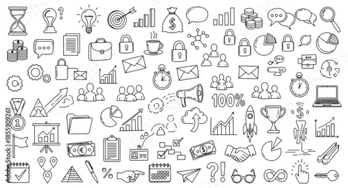Big Set of Business Icons in Doodle Style on White Background