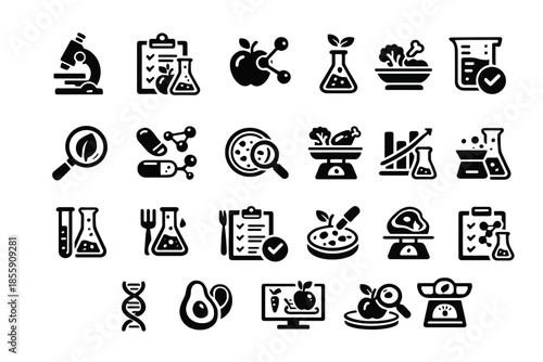 Collection of icons illustrating science and nutrition with lab equipment and healthy foods
