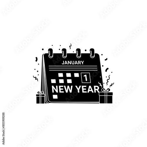 Black and white illustration of a calendar with new year text on january 1st with confetti and gifts