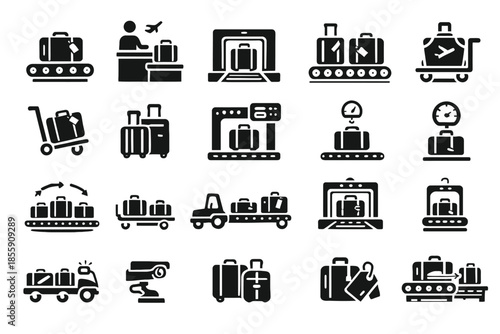 Baggage handling icons: airport luggage, transportation, security, travel