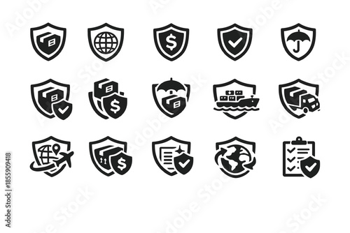 Set of insurance icons featuring financial, travel, and health protection symbols