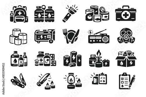 Emergency survival kit icons: essentials for disaster preparedness