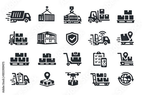 Icons representing delivery trucks, drones, warehouses, and cargo logistics in modern transportation