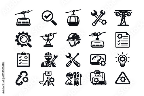 Cable car and ski equipment icons with maintenance tools and safety gear