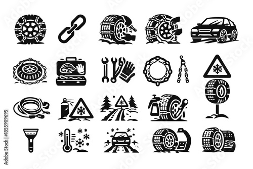 Winter tire and maintenance icons: chains, tools, and safety warnings for harsh conditions