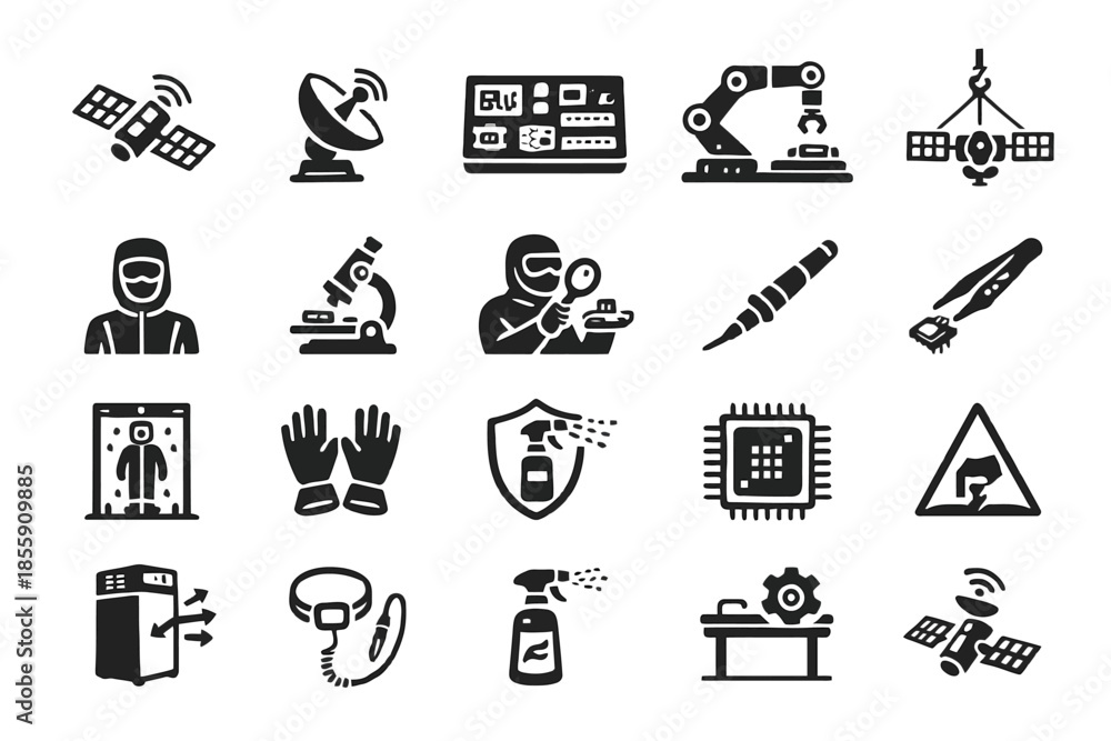 Fototapeta premium Space and technology icons: satellite, microscope, robotics, security, satellite dish