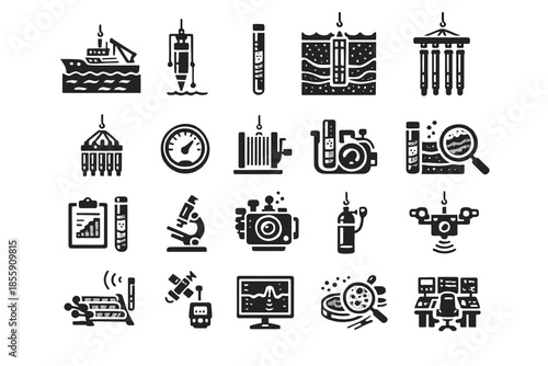 Set of icons depicting oceanographic research equipment and marine exploration tools