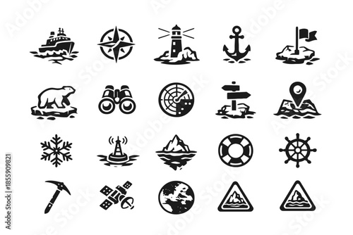 Nautical and arctic exploration icons set: compass, lighthouse, anchor, polar bear, navigation