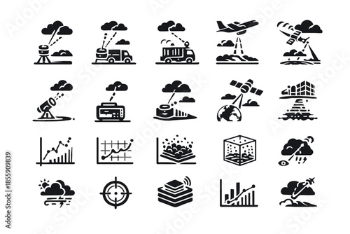 Weather monitoring and forecasting icons: radar, satellite, graphs, communication systems