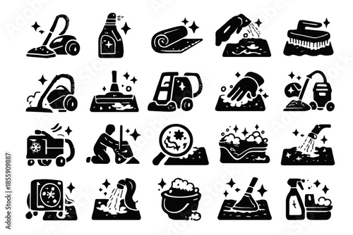 Carpet cleaning icons: vacuuming, stain removal, shampooing, scrubbing, deep cleaning techniques