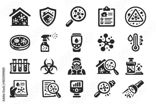 Virus and bacteria detection icons set including home, safety, and laboratory elements