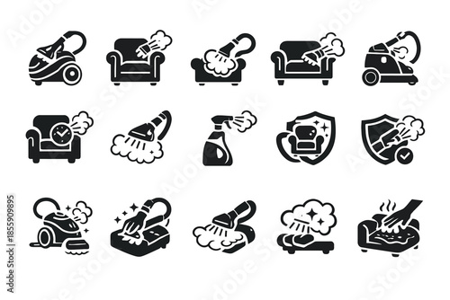 Set of vacuum cleaner and sofa cleaning icons with steam and spray elements