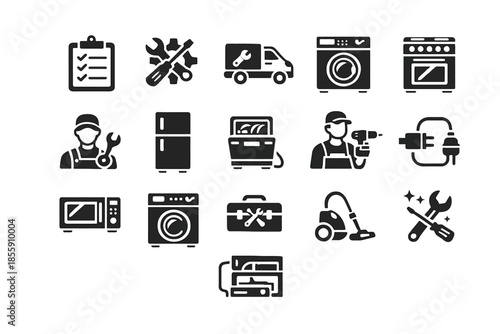 Household appliance repair icons: washer, stove, tools, electrician