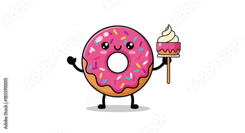 Cute cartoon donut character with pink frosting and sprinkles holding a small cake on a platter with a welcoming happy smile.