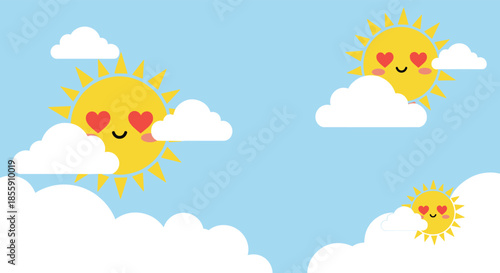 Bright blue sky background filled with cute smiling sun characters with heart-shaped eyes peeking from behind fluffy white clouds.