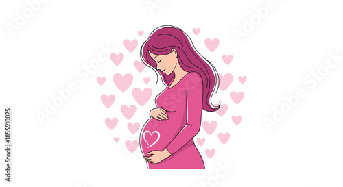 Beautiful pregnant woman with pink hair lovingly holding her belly with a heart design surrounded by a background of hearts.