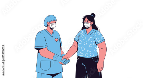Female medical professional in scrubs and a face mask shaking hands with a female patient also wearing a protective face mask.