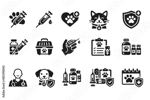Pet healthcare icons: vaccination, safety, and veterinary care symbols