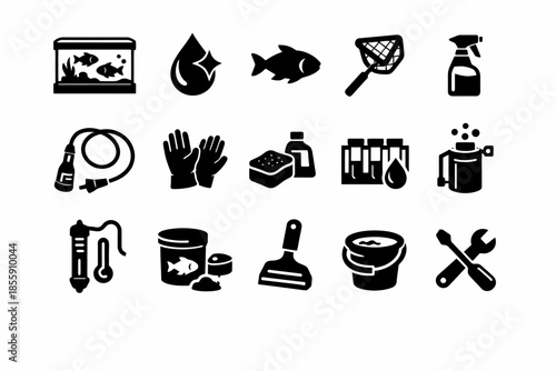 Aquarium maintenance icons set: tools and supplies for fish tank care