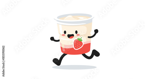 Happy and energetic strawberry yogurt cup cartoon character with a cute face running with a smile on a white background.