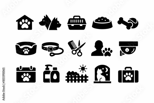 Pet care icons: animals, accessories, grooming, surveillance, transport