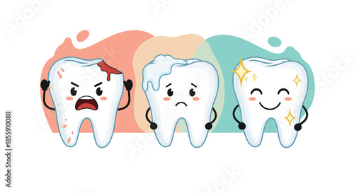 Three stages of tooth care shown by cartoon characters from a damaged and angry tooth to a clean and happy sparkling tooth.