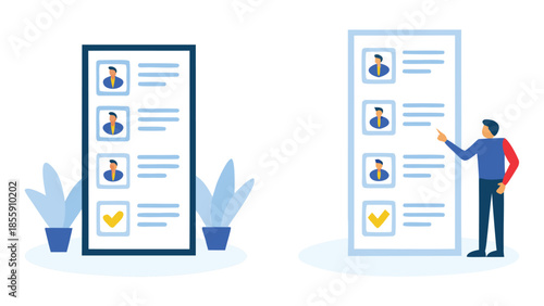 Flat illustration showing a professional standing next to large mobile phone and tablet screens displaying people profiles with checkmarks