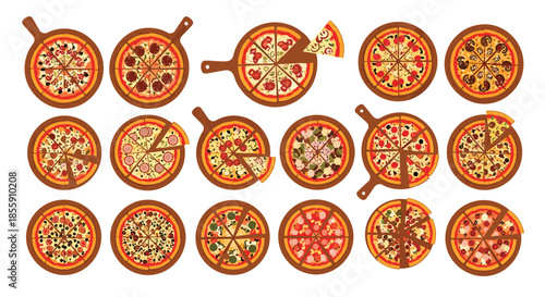 Large set of different types of delicious pizzas with various toppings presented on wooden boards both whole and with slices.