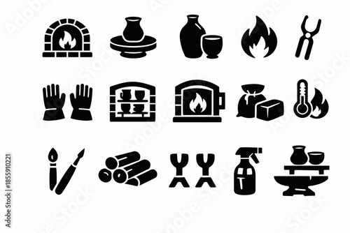 Pottery crafting icons: kiln, tools, and artistic elements