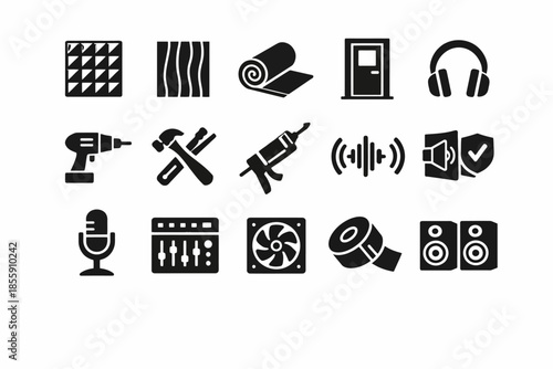 Set of black silhouette icons for home improvement and sound equipment