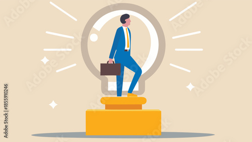 Professional man in blue suit stepping up on yellow block with briefcase and lightbulb idea