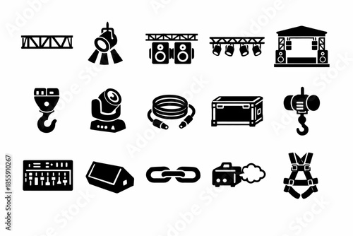 Stage equipment icons: lighting, sound, rigging, safety tools set