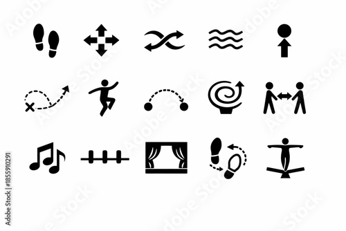 Dance steps and rhythmic symbols collection: visual guide to movement and music icons