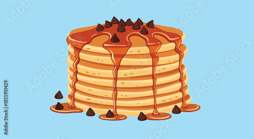Tall stack of fluffy pancakes dripping with sweet caramel sauce and topped with chocolate chips against a solid blue background.