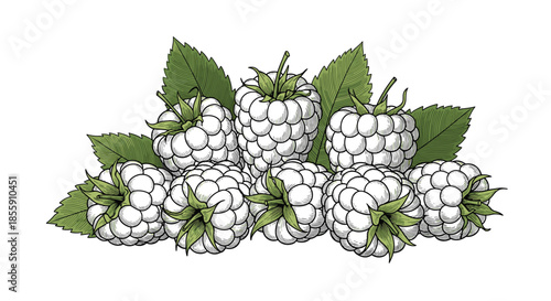Vintage engraving style illustration of a pile of white raspberries with detailed green leaves isolated on a white background.
