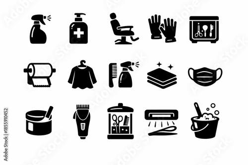 Barber and salon icon set: spray, gloves, mask, tools, haircut, and hygiene essentials