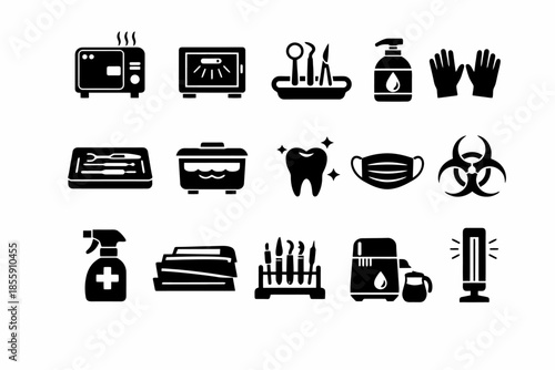 Dental sterilization icons: safety, hygiene, and equipment collection