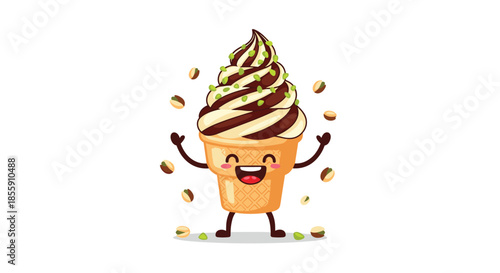 Happy ice cream cone cartoon character with a swirl of chocolate and vanilla soft serve juggling pistachios with a joyful face.